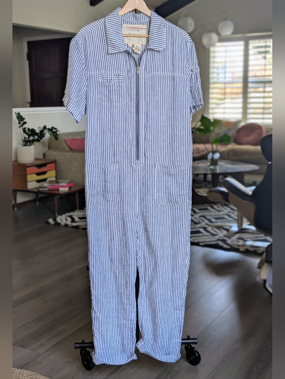 Anthropologie Cartonnier Linen Blue & White Striped Utility Jumpsuit Size Medium